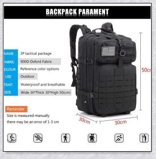 Rugged and water-resistant 40-litre military tactical backpack with multiple compartments and adjustable straps for comfortable carrying.