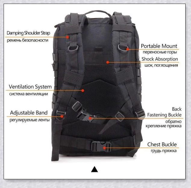 Rugged and water-resistant 40-litre military tactical backpack with multiple compartments and adjustable straps for comfortable carrying.