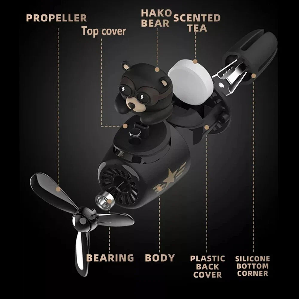 Bear Pilot Car Air Freshener with spinning propeller, diffusing a calming ocean fragrance in a vehicle