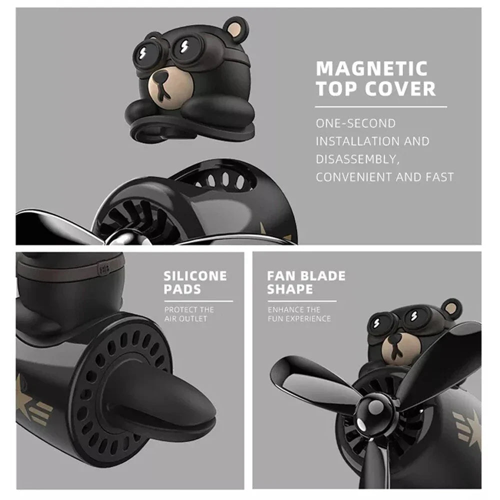 Bear Pilot Car Air Freshener with spinning propeller, diffusing a calming ocean fragrance in a vehicle