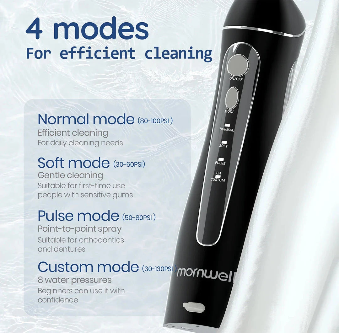 Rechargeable Portable Water Flosser with powerful pulse jet system and 200ml water tank for convenient, thorough cleaning