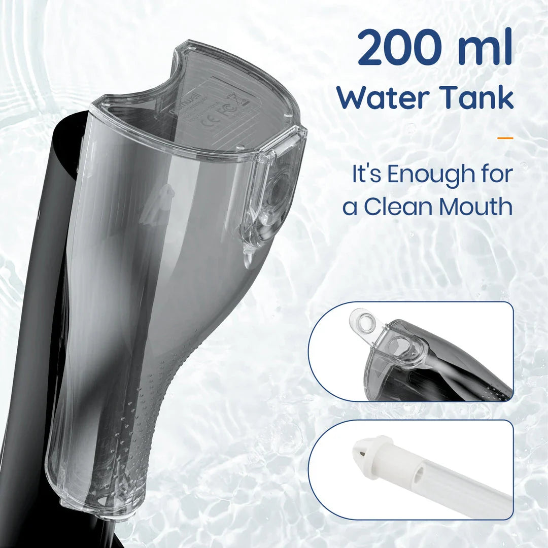 Rechargeable Portable Water Flosser with powerful pulse jet system and 200ml water tank for convenient, thorough cleaning