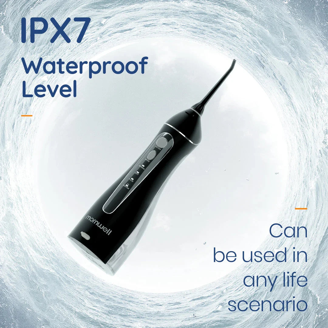 Rechargeable Portable Water Flosser with powerful pulse jet system and 200ml water tank for convenient, thorough cleaning