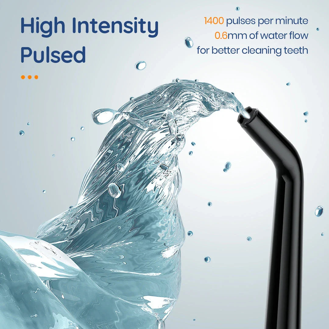 Rechargeable Portable Water Flosser with powerful pulse jet system and 200ml water tank for convenient, thorough cleaning