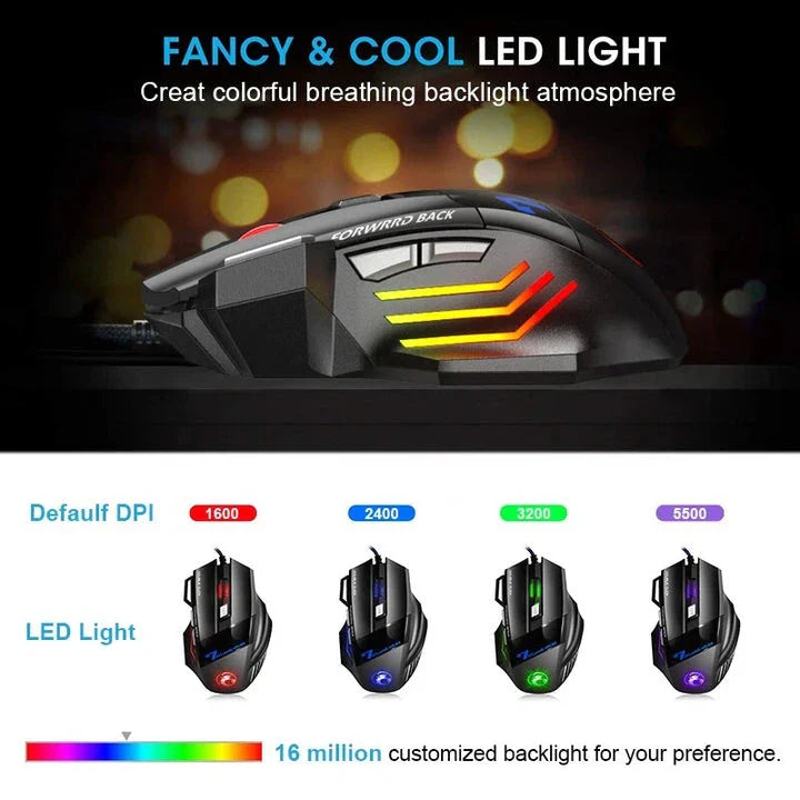 Ergonomic LED gaming mouse with customisable RGB lighting and high-precision controls
