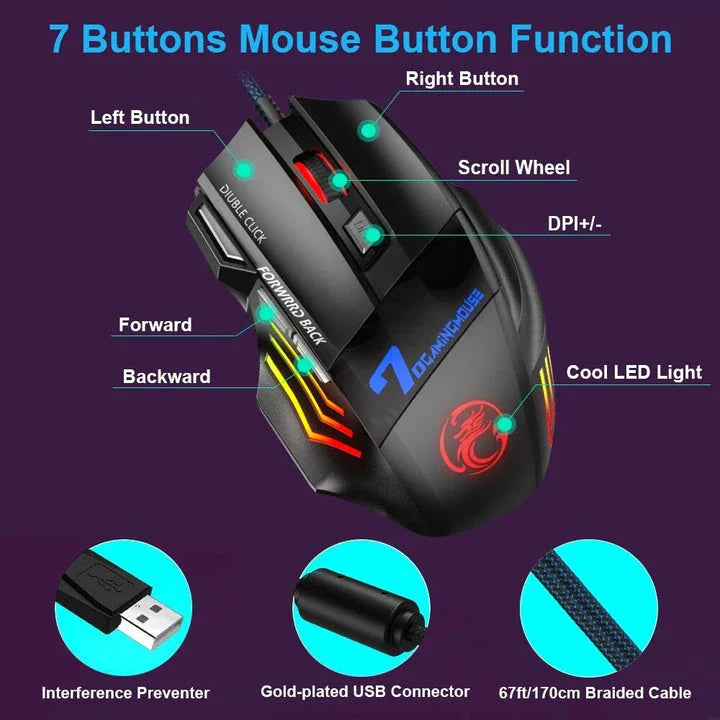 Ergonomic LED gaming mouse with customisable RGB lighting and high-precision controls