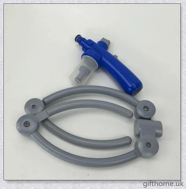 A 360 degree dog shower tool that attaches to a garden hose for easy, hands-free pet bathing