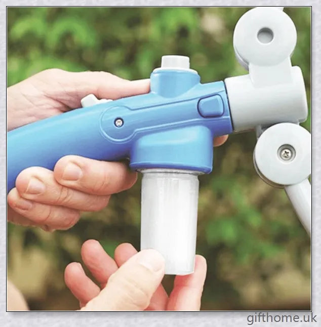 A 360 degree dog shower tool that attaches to a garden hose for easy, hands-free pet bathing