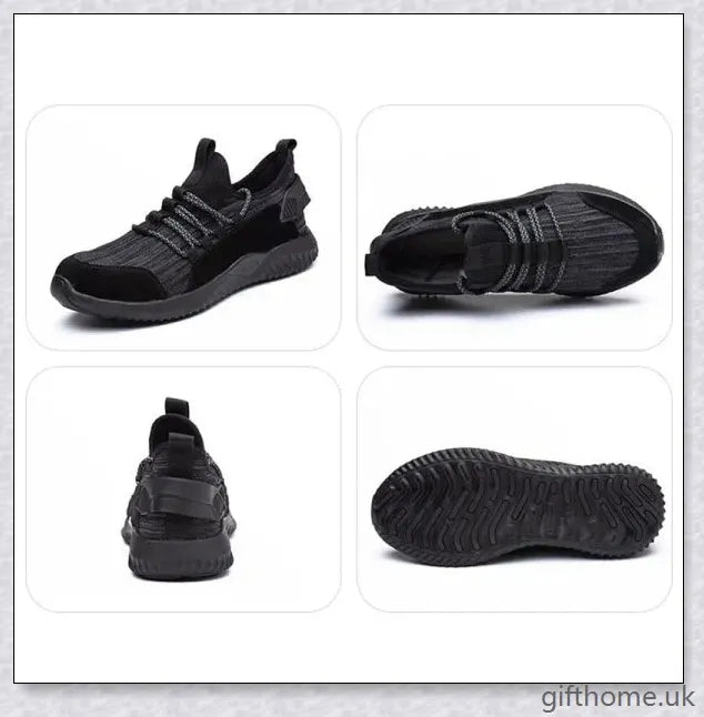 Pair of breathable protective work shoes with mesh upper and composite toe for comfort and safety on the job site
