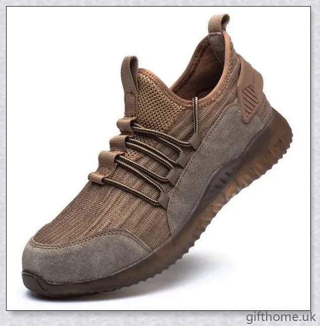 Pair of breathable protective work shoes with mesh upper and composite toe for comfort and safety on the job site