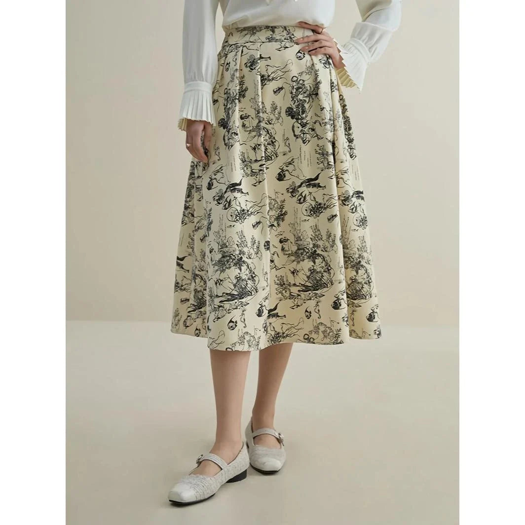 High waist A-line midi skirt with subtle ink animal print, ideal for winter fashion