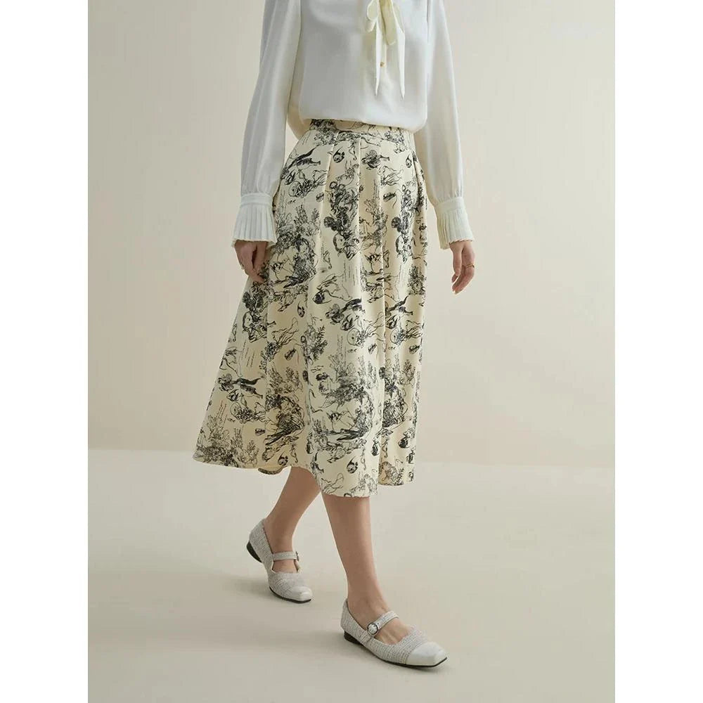 High waist A-line midi skirt with subtle ink animal print, ideal for winter fashion