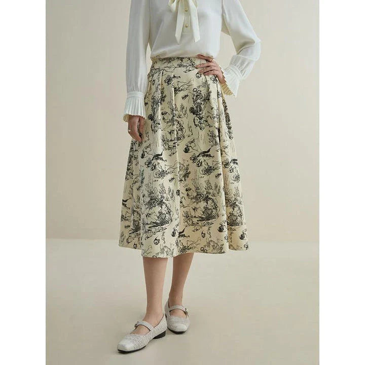High waist A-line midi skirt with subtle ink animal print, ideal for winter fashion