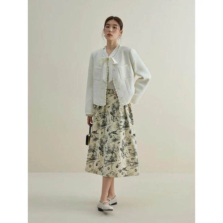 High waist A-line midi skirt with subtle ink animal print, ideal for winter fashion