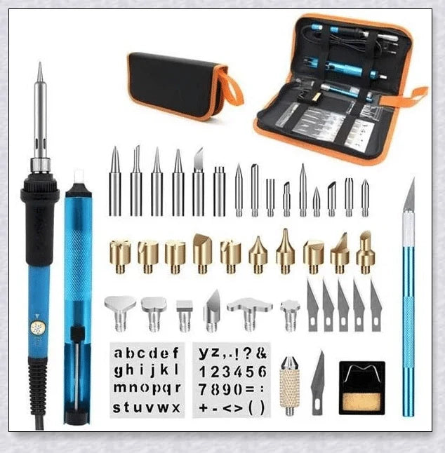 A comprehensive wood burning pyrography kit with a variety of tips, stencils, and a portable carrying case for creative versatility.