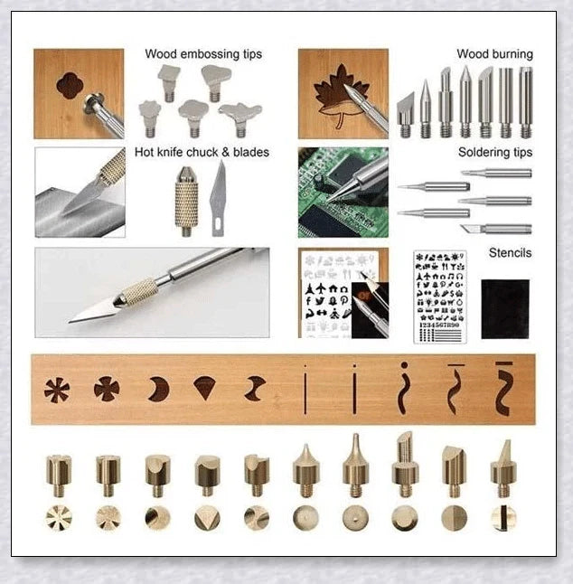 A comprehensive wood burning pyrography kit with a variety of tips, stencils, and a portable carrying case for creative versatility.