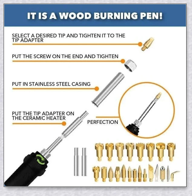 A comprehensive wood burning pyrography kit with a variety of tips, stencils, and a portable carrying case for creative versatility.