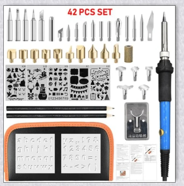 A comprehensive wood burning pyrography kit with a variety of tips, stencils, and a portable carrying case for creative versatility.