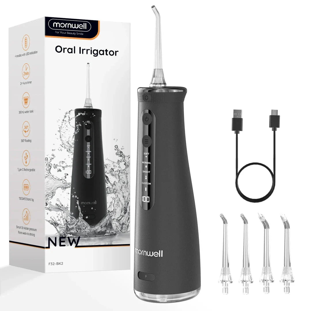Portable cordless water flosser with 4 jet tips and 4 customizable cleaning modes for improved dental hygiene