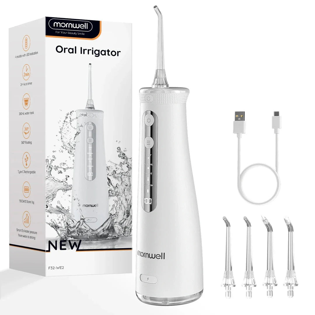 Portable cordless water flosser with 4 jet tips and 4 customizable cleaning modes for improved dental hygiene