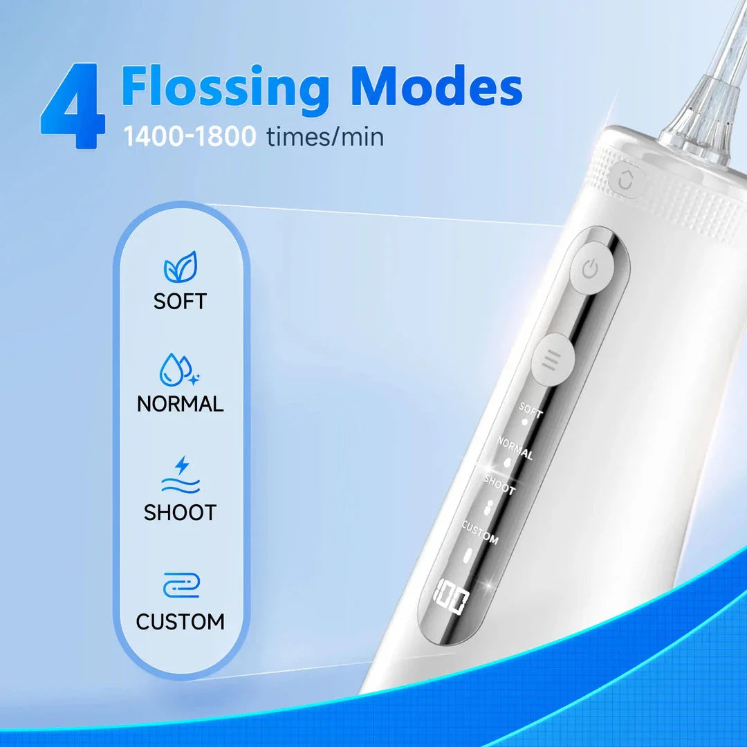 Portable cordless water flosser with 4 jet tips and 4 customizable cleaning modes for improved dental hygiene