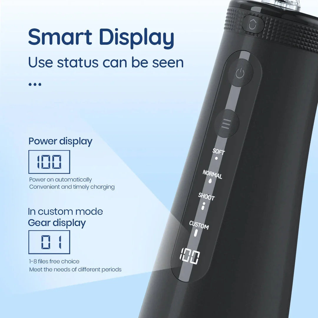 Portable cordless water flosser with 4 jet tips and 4 customizable cleaning modes for improved dental hygiene