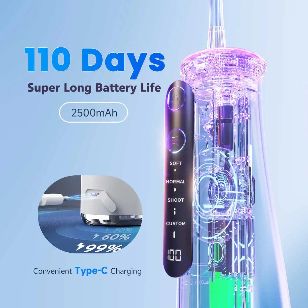 Portable cordless water flosser with 4 jet tips and 4 customizable cleaning modes for improved dental hygiene