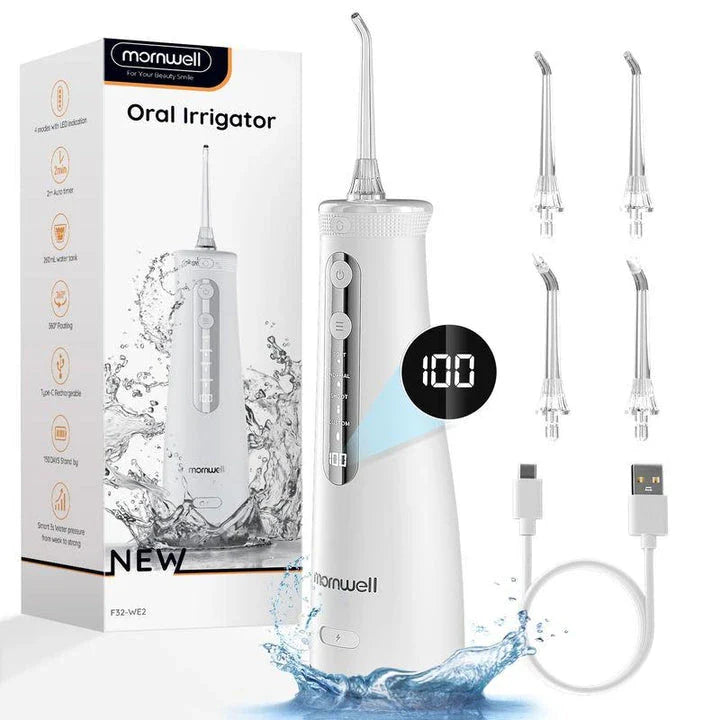 Portable cordless water flosser with 4 jet tips and 4 customizable cleaning modes for improved dental hygiene