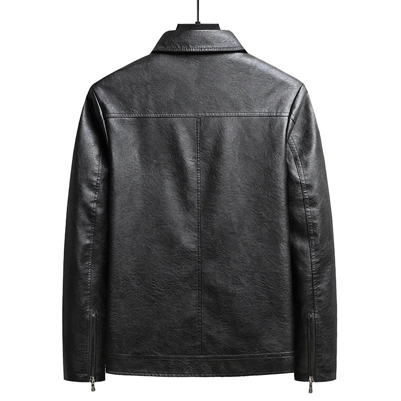 Men's premium thin leather jacket in black, featuring dimensional patch pockets and a sleek, contemporary silhouette