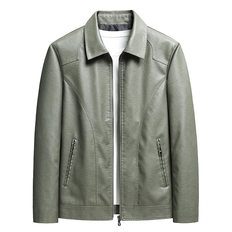 Men's premium thin leather jacket in black, featuring dimensional patch pockets and a sleek, contemporary silhouette
