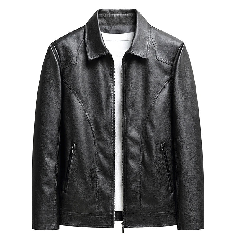 Men's premium thin leather jacket in black, featuring dimensional patch pockets and a sleek, contemporary silhouette