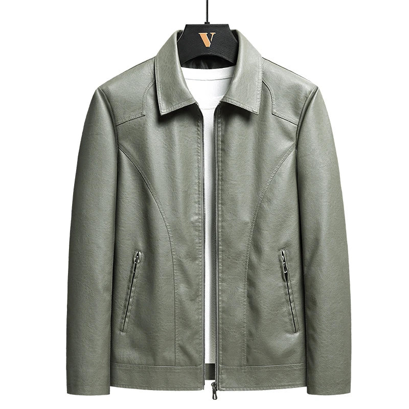 Men's premium thin leather jacket in black, featuring dimensional patch pockets and a sleek, contemporary silhouette