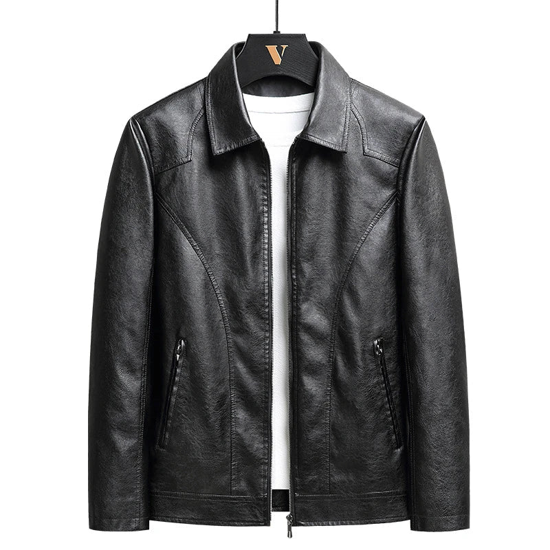 Men's premium thin leather jacket in black, featuring dimensional patch pockets and a sleek, contemporary silhouette