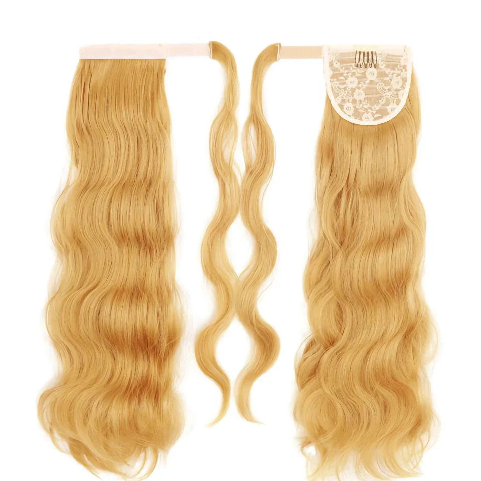 Blonde Wavy Hollywood Style Clip-In Ponytail from Trendha, a luxurious synthetic hairpiece that adds volume, length, and waves to your hairstyle.
