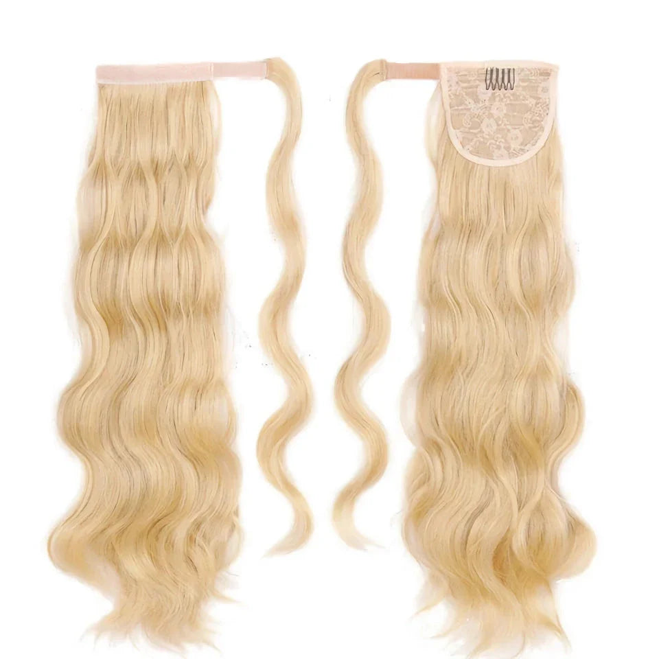 Blonde Wavy Hollywood Style Clip-In Ponytail from Trendha, a luxurious synthetic hairpiece that adds volume, length, and waves to your hairstyle.