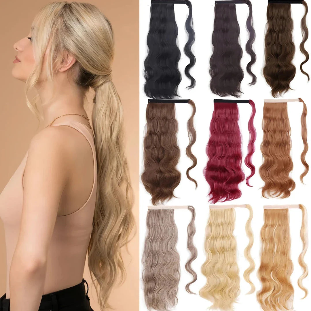 Blonde Wavy Hollywood Style Clip-In Ponytail from Trendha, a luxurious synthetic hairpiece that adds volume, length, and waves to your hairstyle.