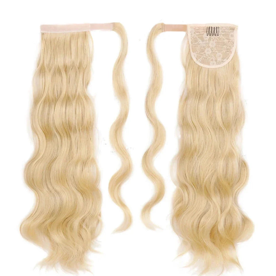 Blonde Wavy Hollywood Style Clip-In Ponytail from Trendha, a luxurious synthetic hairpiece that adds volume, length, and waves to your hairstyle.