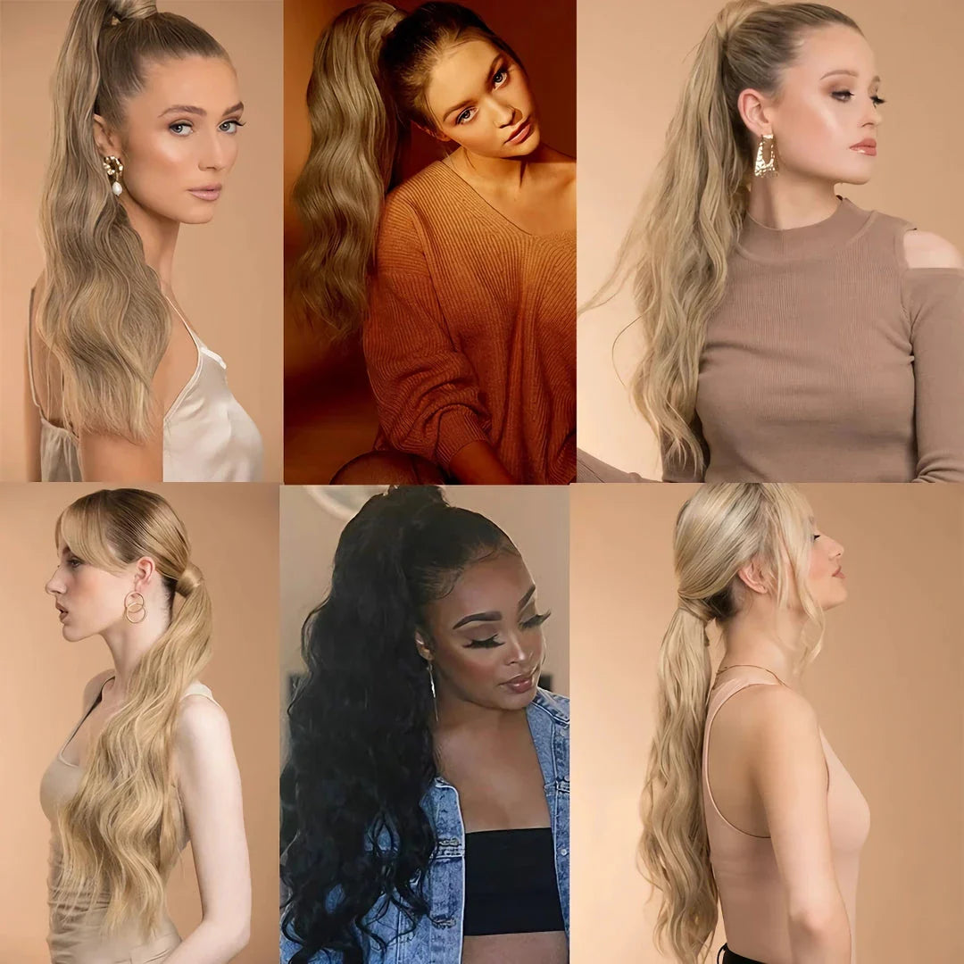 Blonde Wavy Hollywood Style Clip-In Ponytail from Trendha, a luxurious synthetic hairpiece that adds volume, length, and waves to your hairstyle.