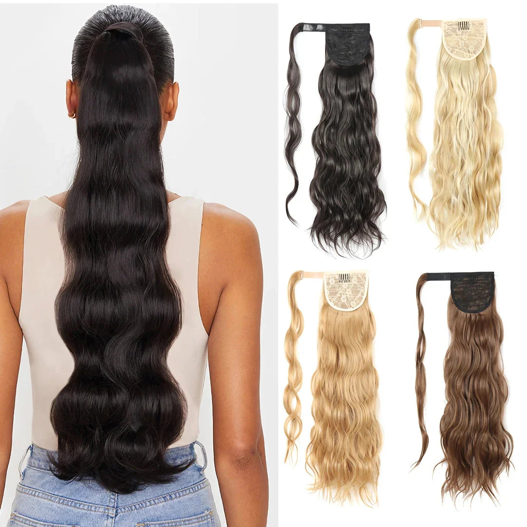 Blonde Wavy Hollywood Style Clip-In Ponytail from Trendha, a luxurious synthetic hairpiece that adds volume, length, and waves to your hairstyle.