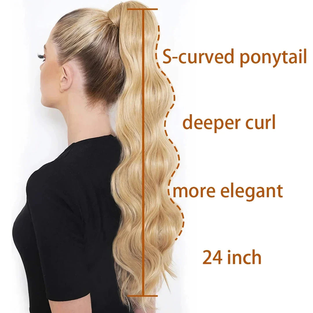 Blonde Wavy Hollywood Style Clip-In Ponytail from Trendha, a luxurious synthetic hairpiece that adds volume, length, and waves to your hairstyle.
