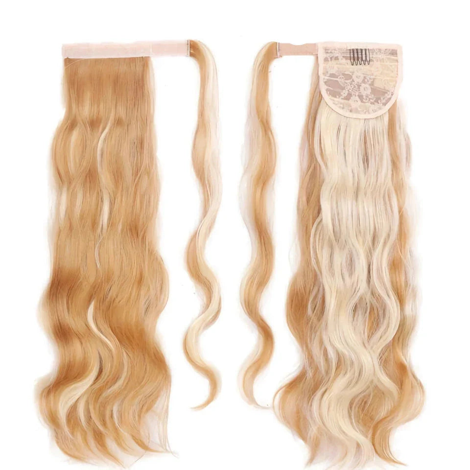 Blonde Wavy Hollywood Style Clip-In Ponytail from Trendha, a luxurious synthetic hairpiece that adds volume, length, and waves to your hairstyle.