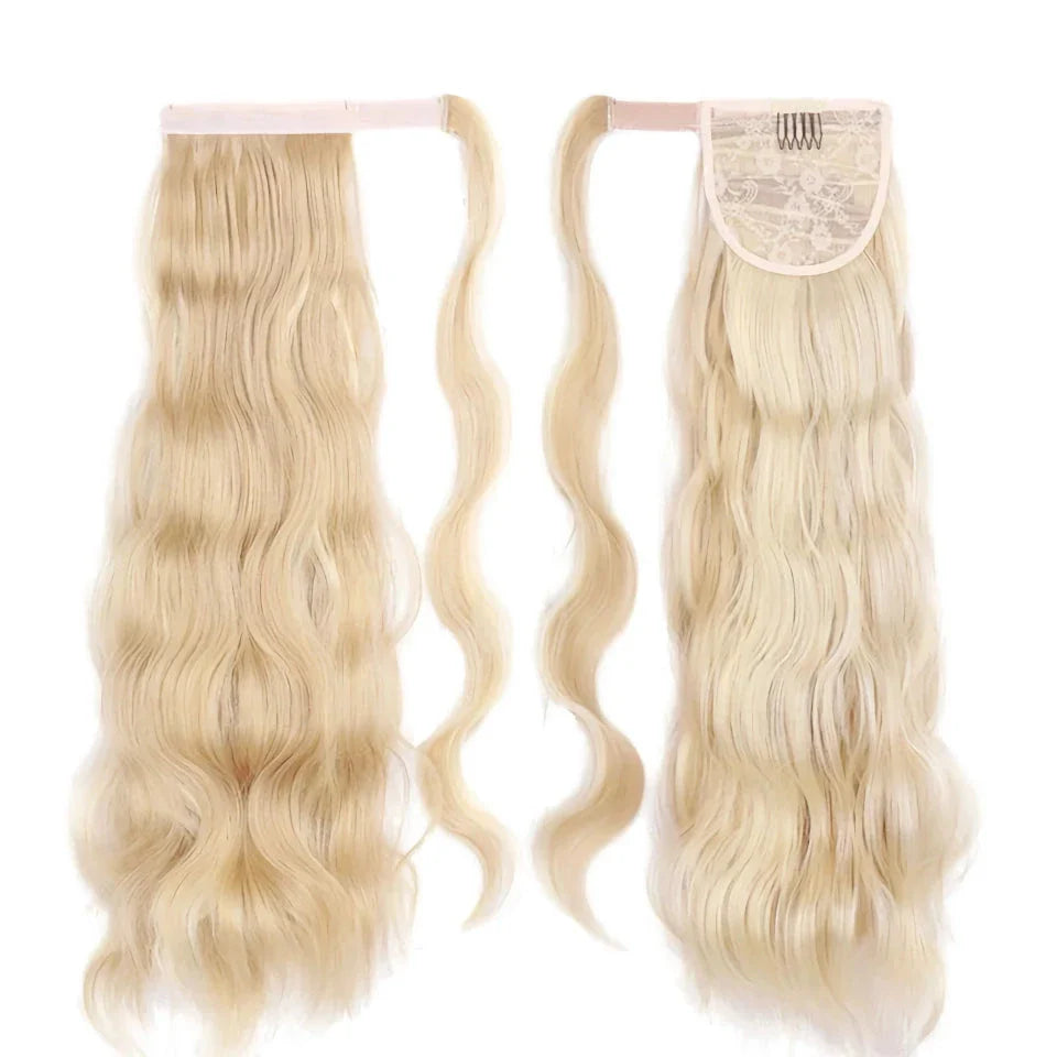 Blonde Wavy Hollywood Style Clip-In Ponytail from Trendha, a luxurious synthetic hairpiece that adds volume, length, and waves to your hairstyle.