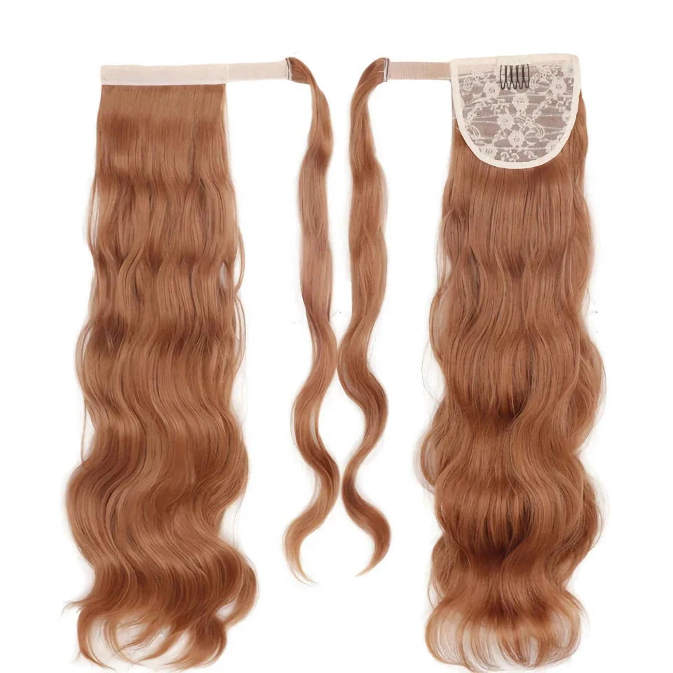 Blonde Wavy Hollywood Style Clip-In Ponytail from Trendha, a luxurious synthetic hairpiece that adds volume, length, and waves to your hairstyle.