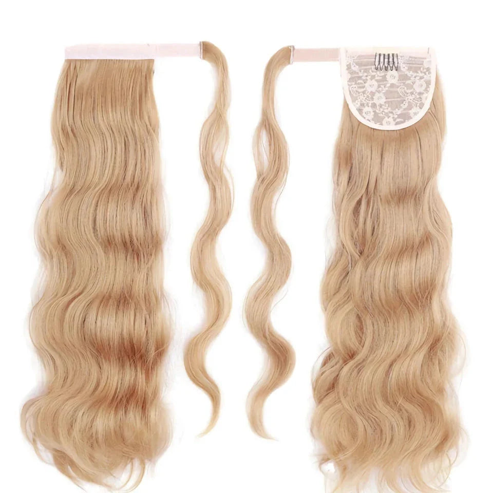 Blonde Wavy Hollywood Style Clip-In Ponytail from Trendha, a luxurious synthetic hairpiece that adds volume, length, and waves to your hairstyle.