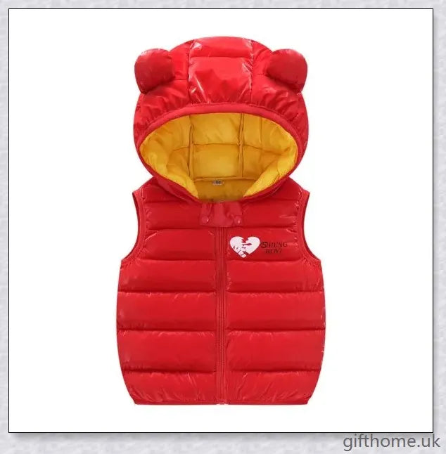 Autumn Kids Outerwear Hooded Sleeveless Warm Vest in solid colours, suitable for layering over shirts and jumpers
