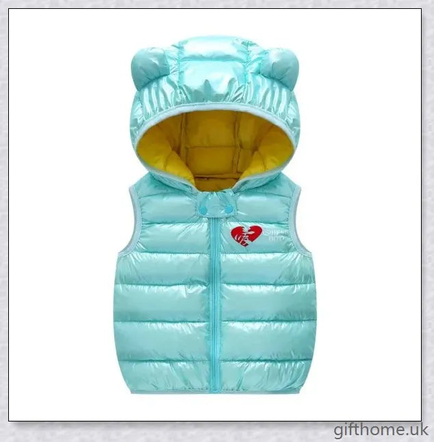Autumn Kids Outerwear Hooded Sleeveless Warm Vest in solid colours, suitable for layering over shirts and jumpers