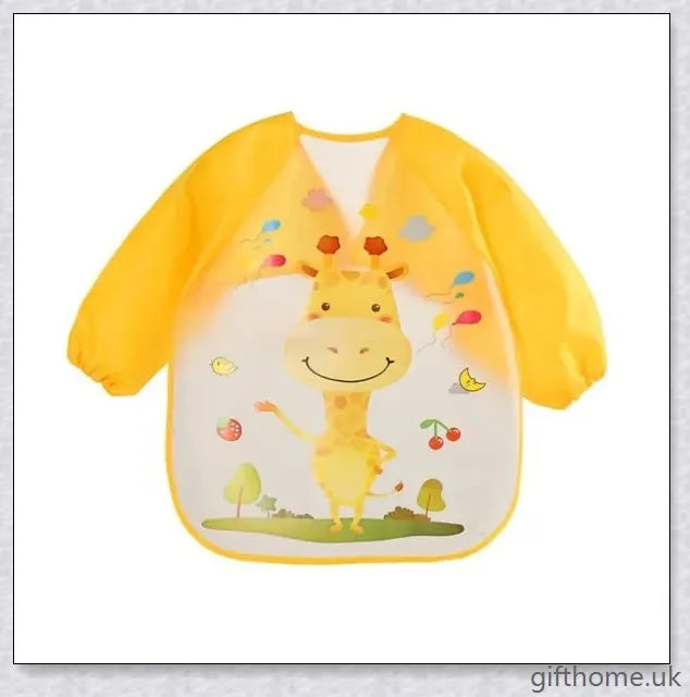 A long-sleeved baby bib made of waterproof PEVA material, featuring dot and print patterns to protect your little one's clothes during feeding time.