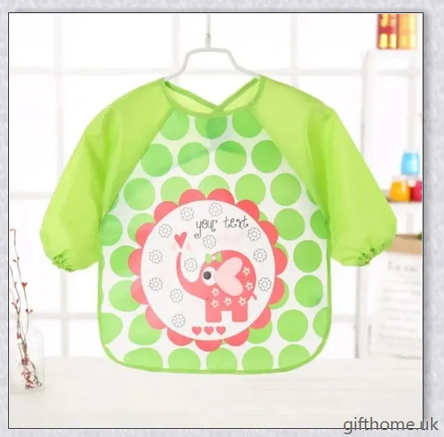 A long-sleeved baby bib made of waterproof PEVA material, featuring dot and print patterns to protect your little one's clothes during feeding time.