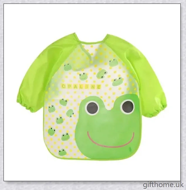 A long-sleeved baby bib made of waterproof PEVA material, featuring dot and print patterns to protect your little one's clothes during feeding time.