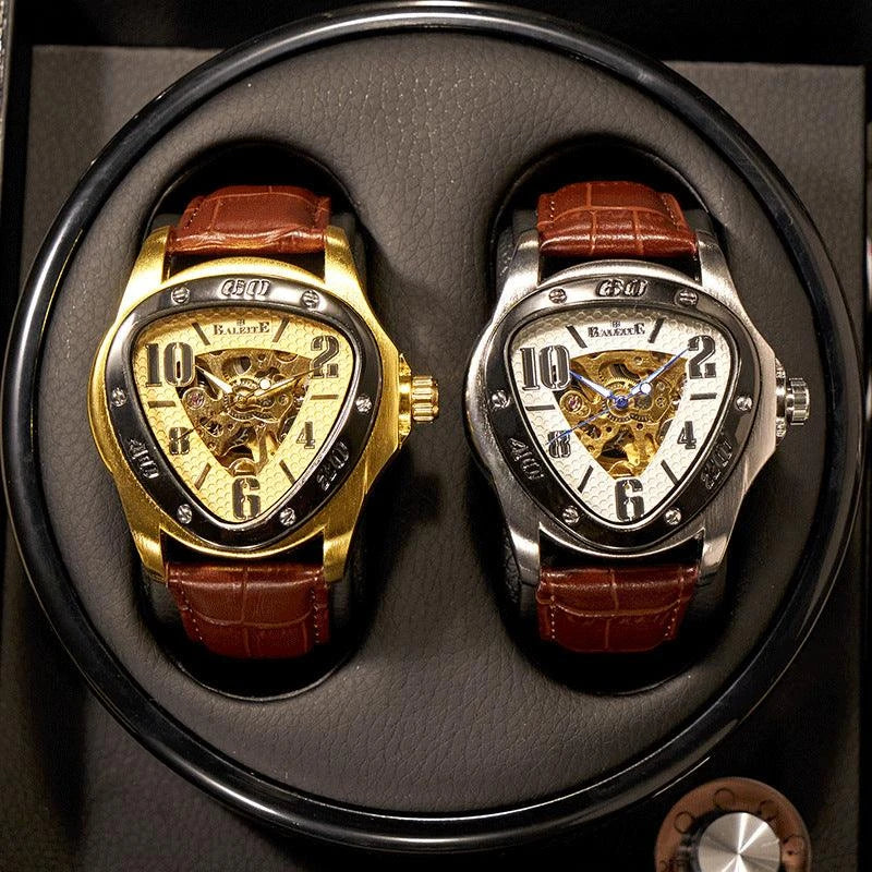A stylish men's mechanical watch with a hollow triangle design, featuring a durable alloy case, genuine leather strap, and luminous display for easy reading.